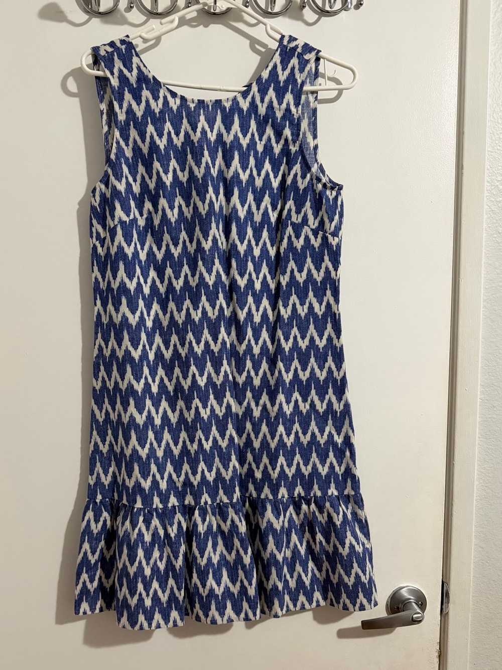 J.Crew Blue & White Ikat Print Linen Cotton Ruffle Hem Dress – Size XS